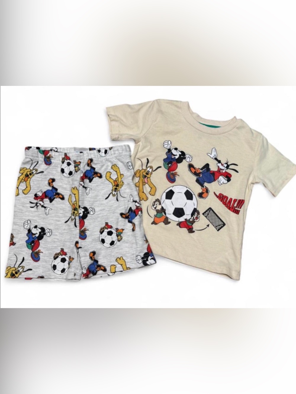 Kids Soccer Graphic Set with Cream Tee and Gray Shorts